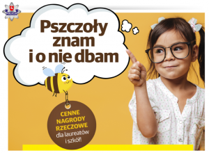 Plakat konkursowy. Dziewczyna w okularach wskazuje palcem na chmurkę, w której jest napis &quot; Pszczoły znam i o nie dbam&quot;