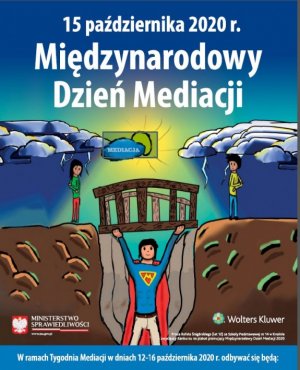 Plakat zatytułowany Tegoroczny Międzynarodowy Dzień Mediacji. W tle pojazdy i dwie osoby.