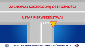 slajd ze spotu w ramach akcji &amp;amp;quot;Dla każdego jest miejsce na drodze&amp;amp;quot; z napisem Zachowaj ostrożność - ustąp pierwszeństwa Biura Ruchu Drogowego KGP