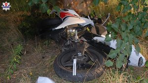 Uszkodzony motocykl leży przy drzewie