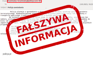 zdjęcie e-maila a na nim czerwony napis: Fałszywa informacja