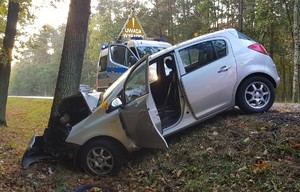 Samochód marki Opel z uszkodzeniami przedniej części stoi w rowie. Za nim na jezdni stoi oznakowany radiowóz policyjny