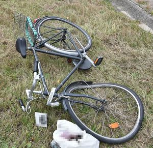 Rower z uszkodzeniami leży na trawiastym poboczu
