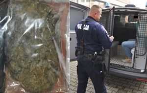 kolaż zdjęć: marihuana w woreczku, policjant przy radiowozie z zatrzymanym 32-latkiem w środku