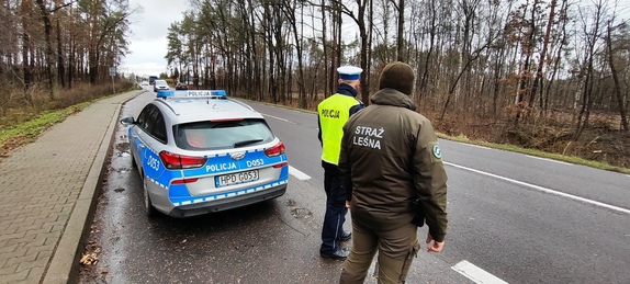 policjant i  Strażnik leśny stoją koło radiowozu przy DK 19