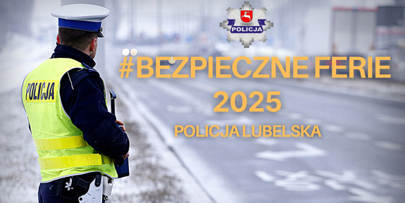 Policjant kontroluje prędkość kierujących. Na zdjęciu widoczny jest również napis bezpieczne ferie 2025.