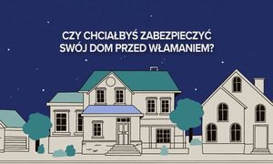 Budynki mieszkalne a nad nimi napis: Czy chciałbyś zabezpieczyć swój dom przed włamaniem?