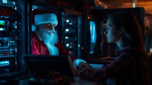 Osoba siedząca przed monitorem, na którym widać wizerunek Mikołaja.