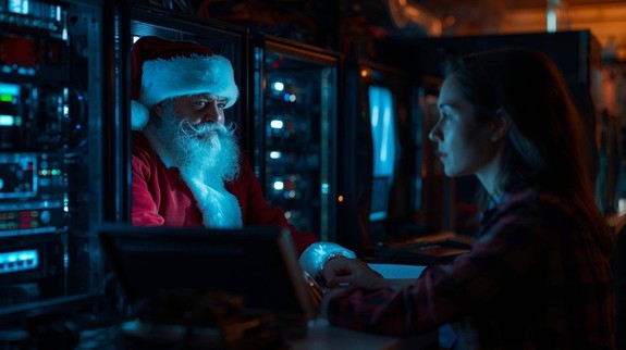 Osoba siedząca przed monitorem, na którym widać wizerunek Mikołaja.