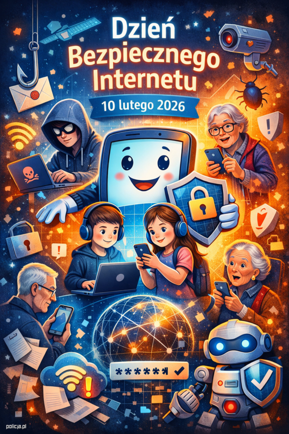 Grafika kolorowa z różnymi postaciami i napis Dzień Bezpiecznego Internetu.