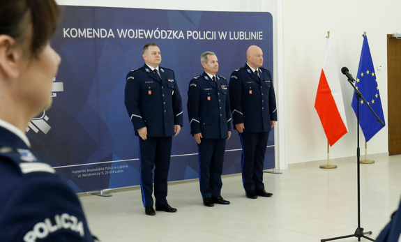 Komendant Wojewódzki Policji w Lublinie wraz z zastępcami.