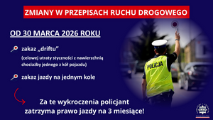 grafika z napisami zmiany w przepisach ruchu drogowego od 30 marca 2026 roku zakaz driftu zakaz jazdy na jednym kole za te wykroczenia policjant zatrzyma prawo jazdy na 3 miesiące