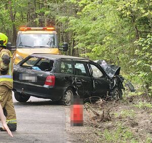 Uszkodzone Audi stoi na jezdni