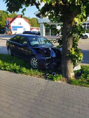 uszkodzony ford po uderzeniu w drzewo